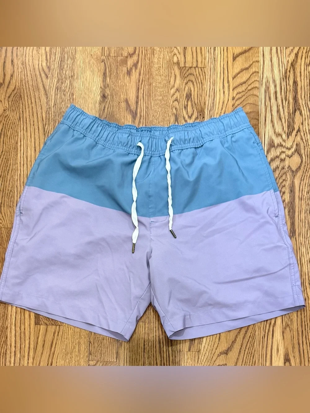 Men's Two-Tone Blue and Lavender Swim Shorts. Compression lining
